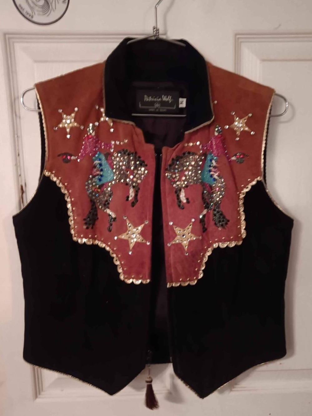 Custom made OOAK Patricia Wolf leather Vest rodeo bucking bronc cowboy RTL $695